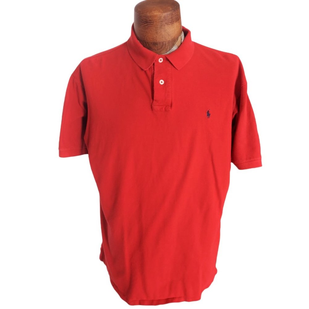 VTG POLO RALPH LAUREN Men's Red Short Sleeved Pique Polo Shirt Size Large USA